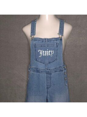Juicy Couture Womens Wide Leg Denim Overalls M Rhinestone Logo Medium Wash